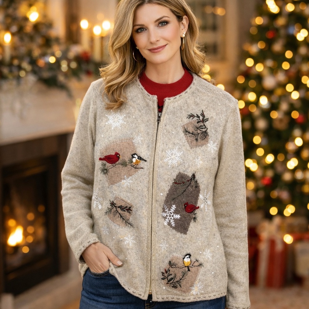 Croft & Barrow Beige Bird embroidery Silk Blended Cardigan Holiday Quirky